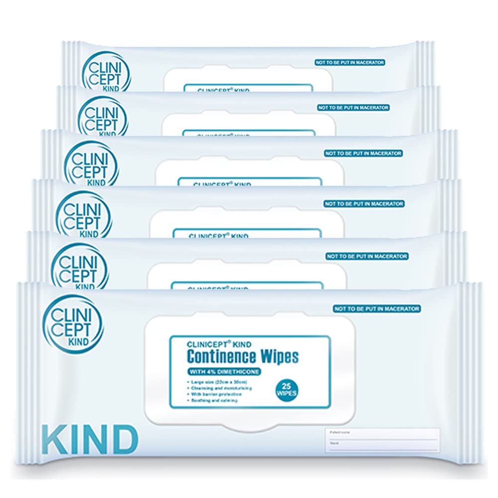 Clinicept Care Incontinence Wipes with 4% Dimethicone - NHS Approved, Aloe Vera, Antibacterial, Alcohol Free, Soothes and Moisturises. (6 packs of 25, 150 wipes)