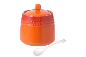 Dowbom Salt Pot, Solid Color Porcelain Sugar Pot, For Coffee Bar, Sugar Bowl With Lid And Spoon (Orange,10 OZ)