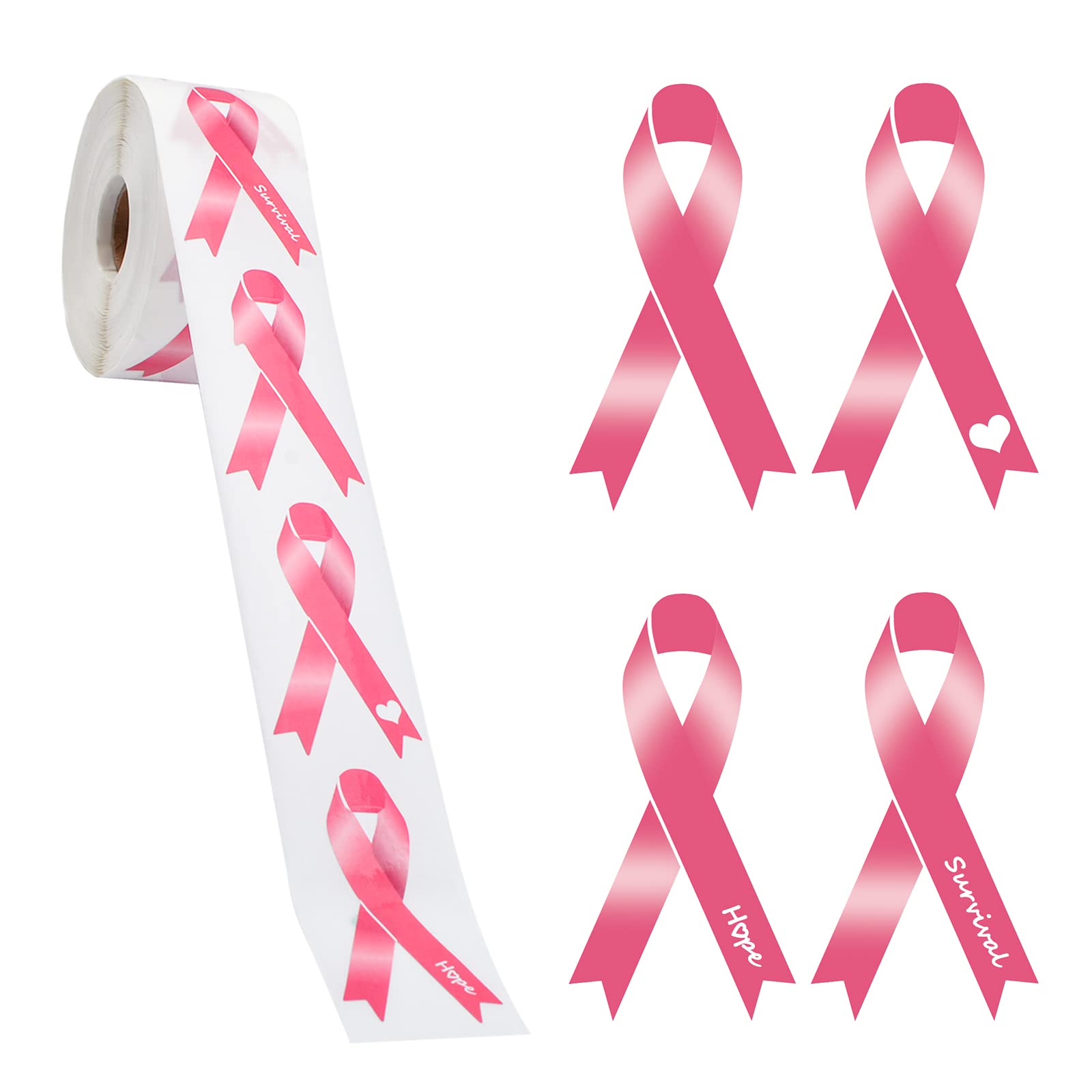 WANDIC Pink Ribbon Awareness Stickers - 500 Pieces Large Labels Roll for Breast Cancer Awareness, Package Sealing, Event Gift Letter