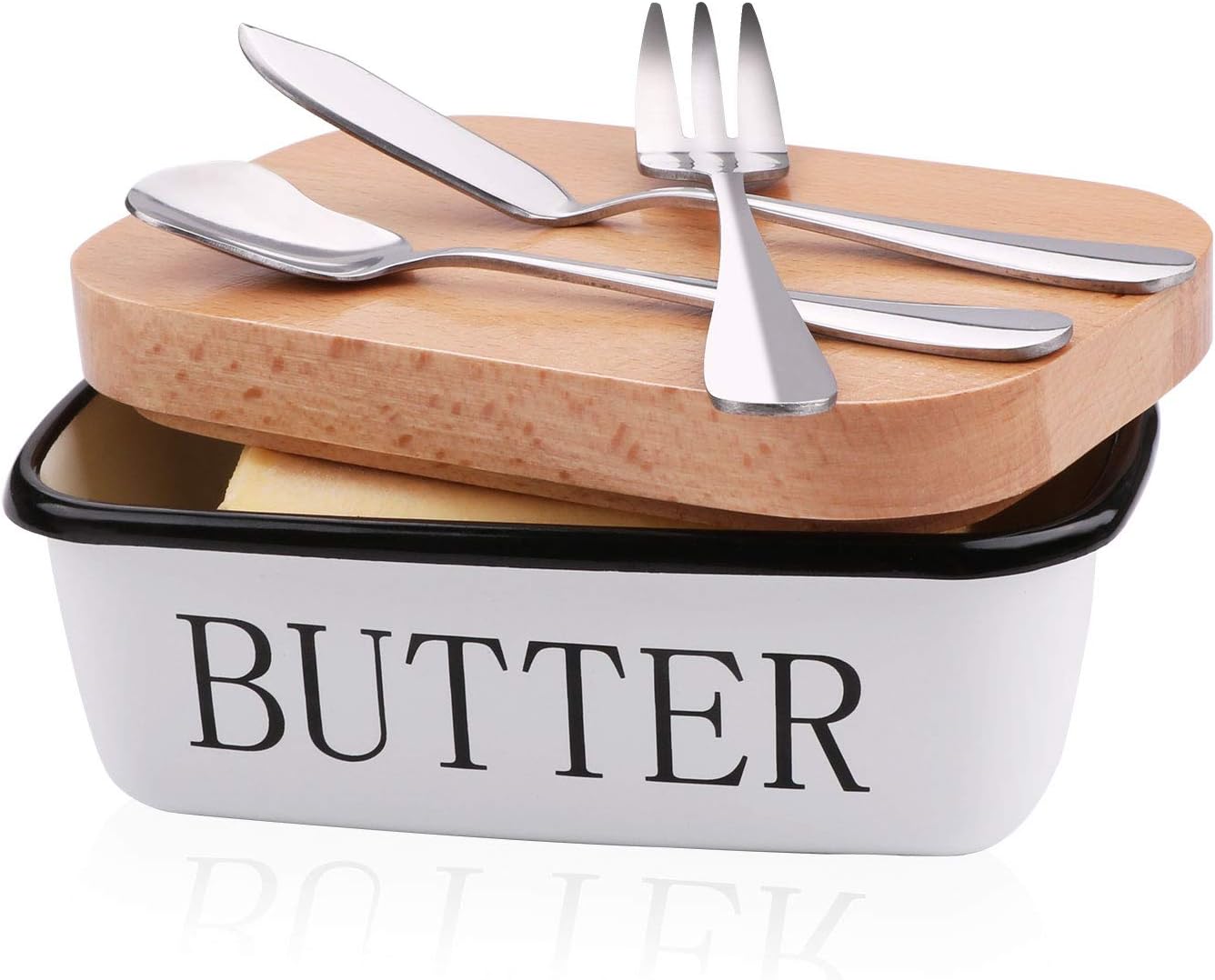 Butter Dish With Lid 500ml,Stainless Steel Butter Keeper With Bamboo Top 16 oz,Large Butter Conteriner with Wooden Cover,White Butter Box Butter Boat,Stainless steel Buter Knife,Spoon,Fork Included