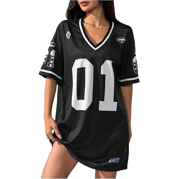 Verdusa Women's Oversized Jersey Sheer Mesh Mini Dress Half Sleeve V Neck T  Shirt Dress Silver Small at Amazon Women's Clothing store