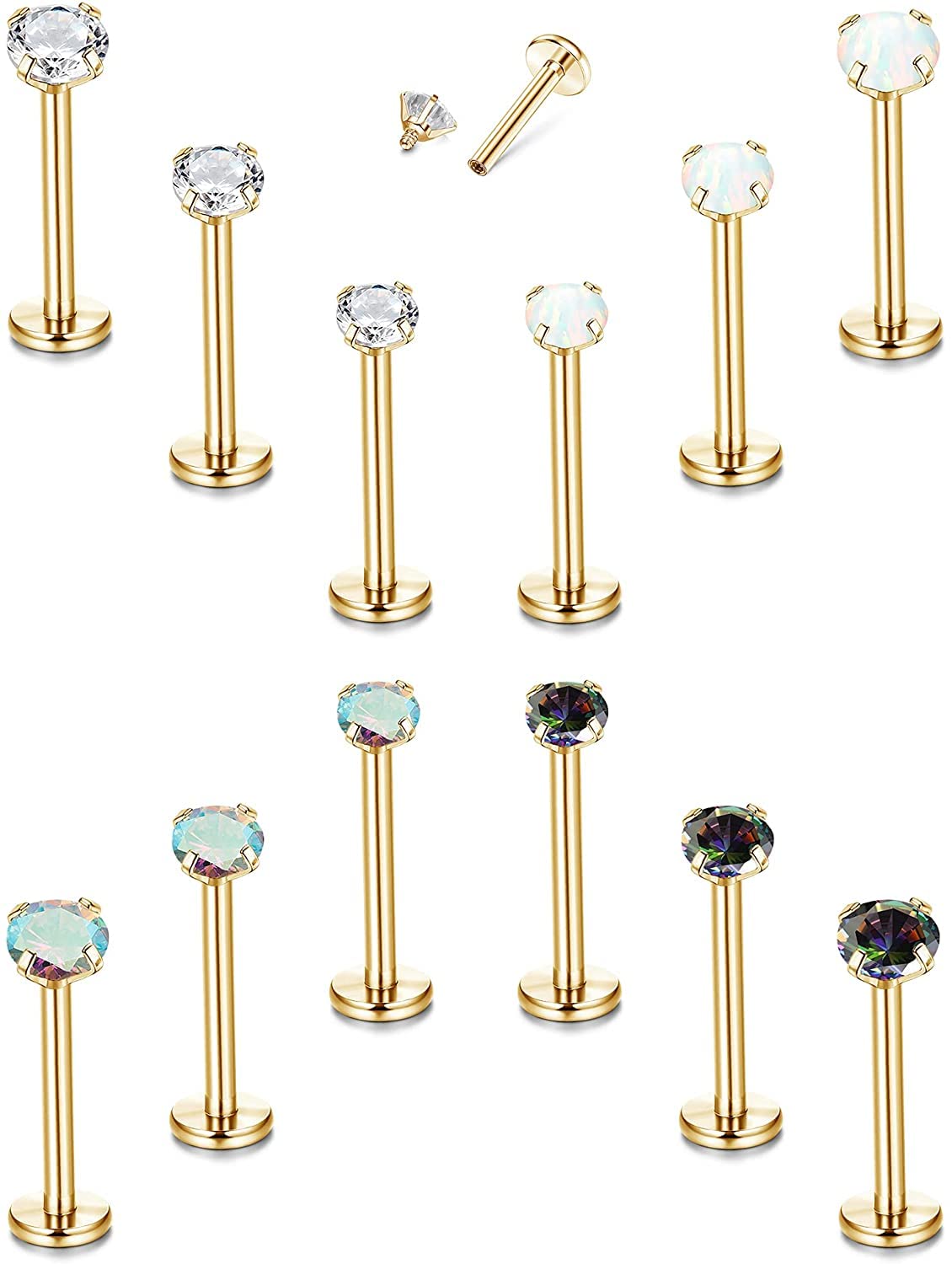 MILACOLATO 12PCS 16G Helix Tragus Earring Studs for Women 316L Stainless Steel Labret Lip Stud Internally Threaded Cartilage Paved Clear CZ Opal Flat Back Earrings Piercing Jewelry Set G8mm