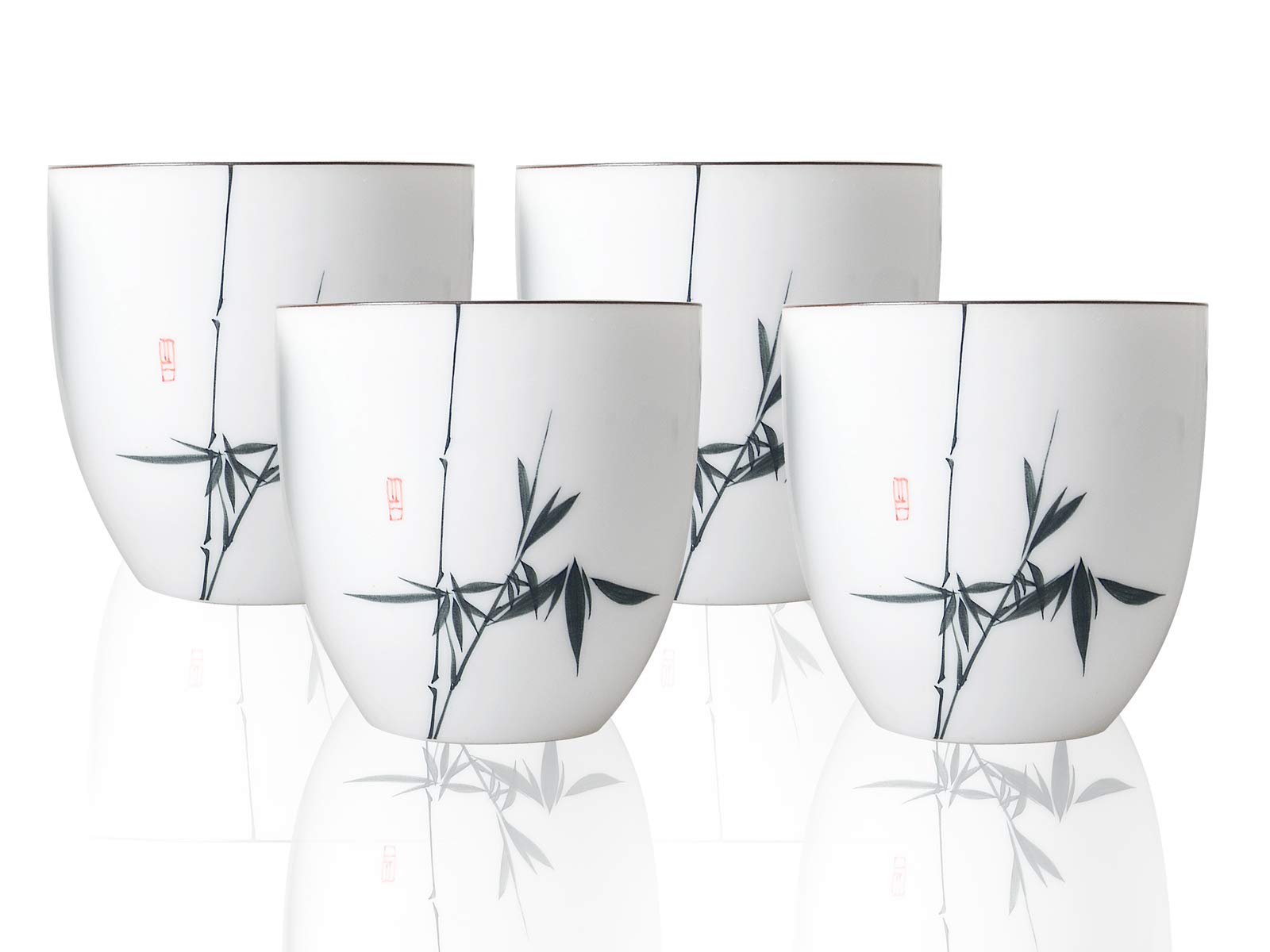 HwaGui Chinese Teacups White Porcelain Mugs with Hand Painted Bamboo Pattern, Set of 4