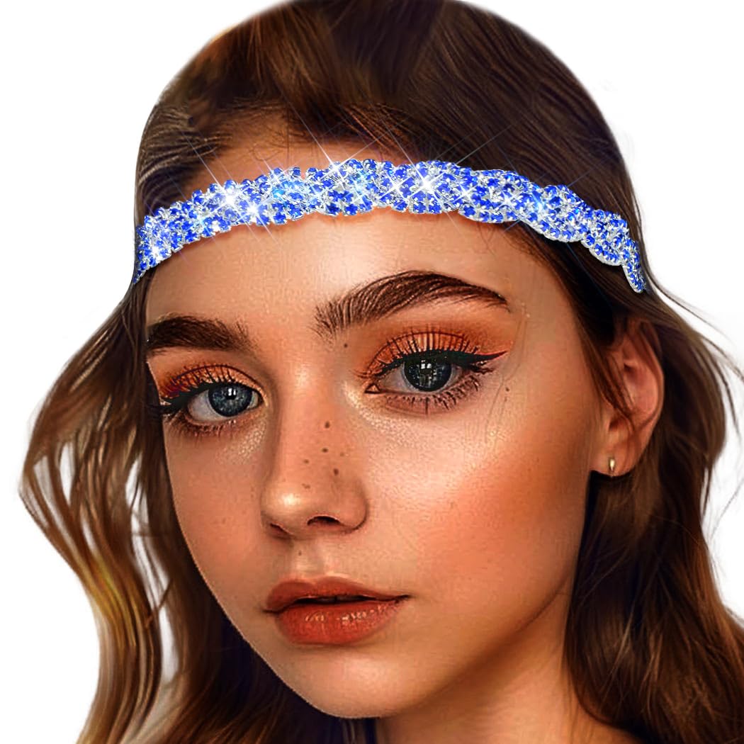 Women's Rhinestone Headbands Sparkly Elestic Hairband Vintage Metal Headbands Sparkly Elegant Party Daily Head Chain (Blue, M)