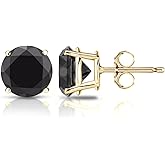 18k Yellow Gold Round Black Diamond 4-Prong Basket Stud Earrings (1/2-4 ct, Black) Push-Back