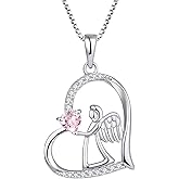 FJ Heart Guardian Angel Necklace 925 Sterling Silver Angel Wing Pendant Birthstone Jewelry for Women