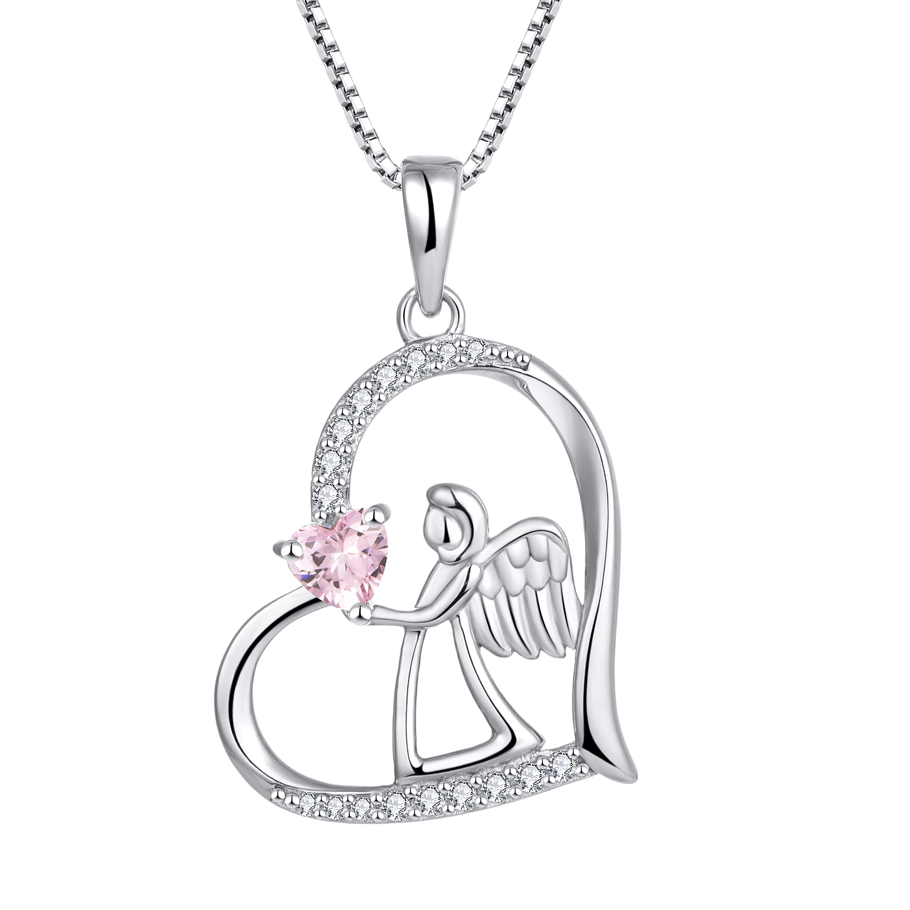 FJ Heart Guardian Angel Necklace 925 Sterling Silver Angel Wing Pendant Pink Tourmaline Necklace October Birthstone Jewellery for Women