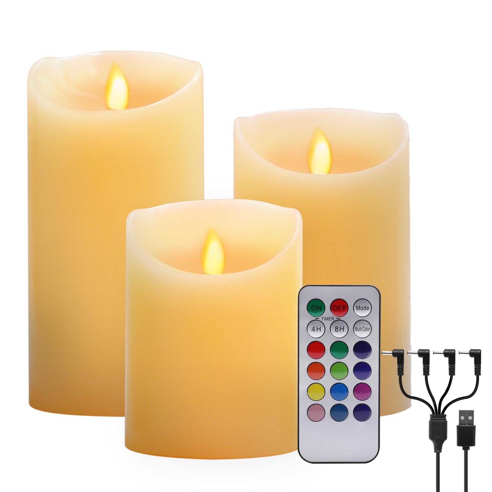 LED Real Wax Candle Lights, 3 Pack Warm White Plus Multicolor Flameless Real Wax USB Charging Electric LED Moving Wick Flickering Candle Lights with Remote Control Timer for Decoration, Wedding