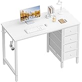 Lufeiya Small White Desk with Drawers for Bedroom, 40 Inch Kids Girls Study Desks, Reversible Computer Writing Nail Table with Fabric Drawer for Small Spaces Home Office Manicure