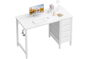 Lufeiya Small White Desk with Drawers for Bedroom, 40 Inch Kids Girls Study Desks, Reversible Computer Writing Nail Table with Fabric Drawer for Small Spaces Home Office Manicure