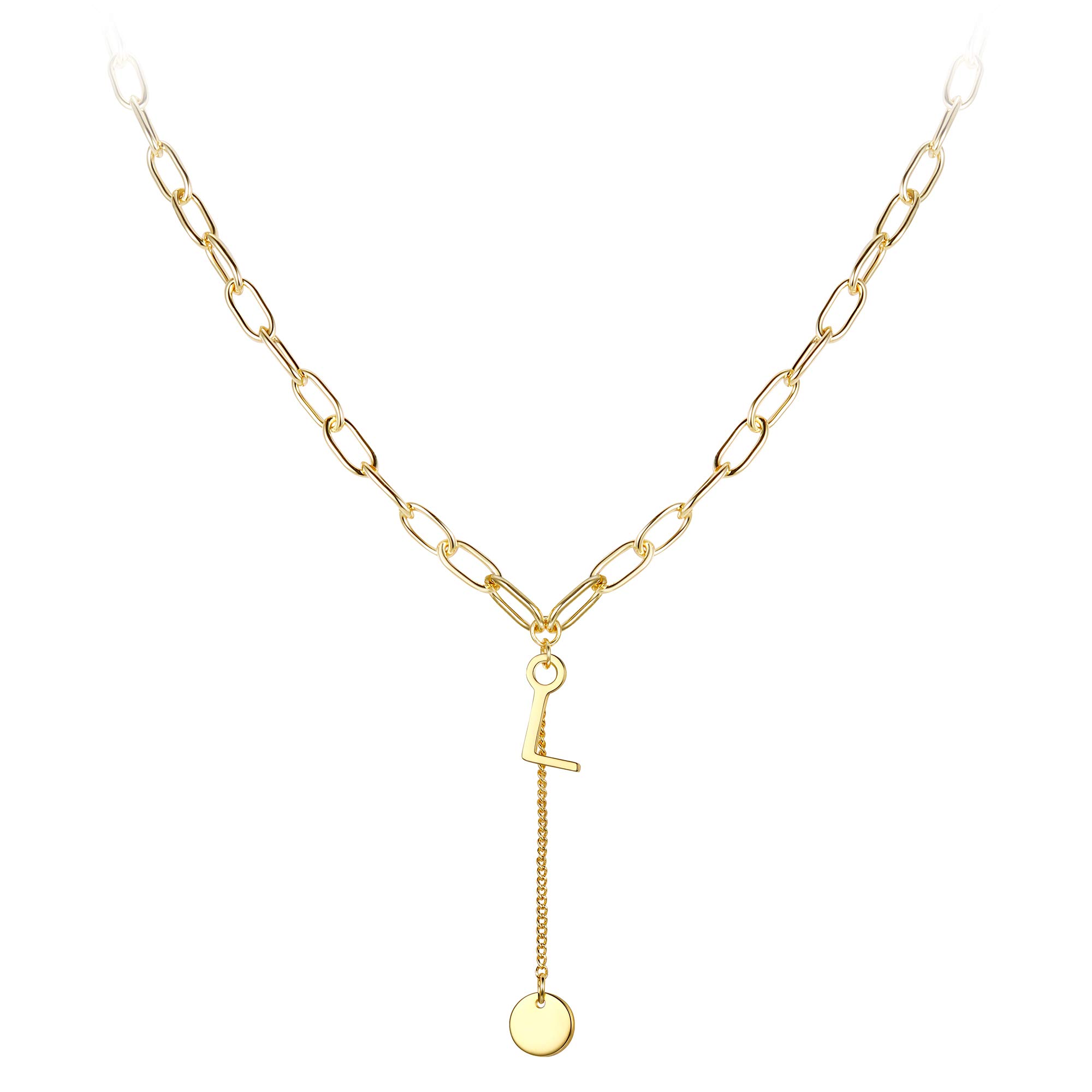 Ever Faith Delicate Tiny L Necklace Simple Alphabet Pendant Choker Round Disc Figaro Chain for Women Gold-Tone