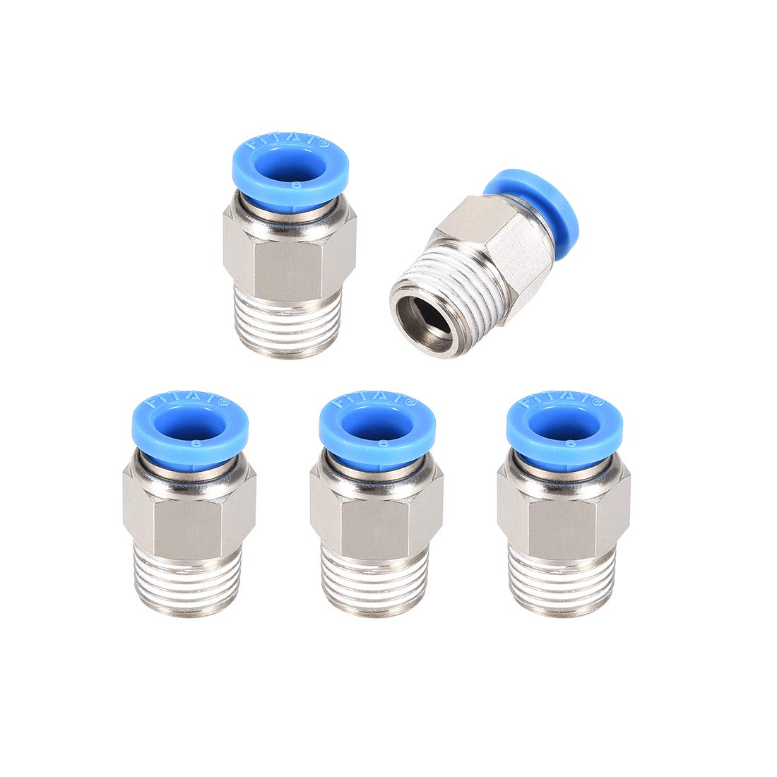 sourcing map 1/4PT Male Straight Thread 8mm Push to Connectors Quick Fittings Silver Tone 5Pcs