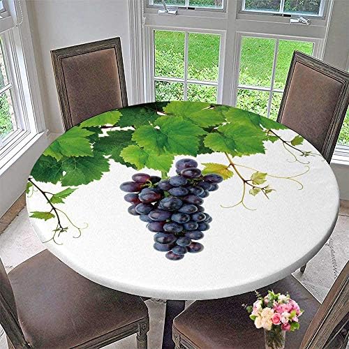 PINAFORE HOME Round Premium Tablecloth Isolated Grapevine and Blue Grape Stain Resistant 50"-55" Round (Elastic Edge)