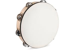 LIEKE Goatskin Tambourine 10 Inch Beechwood Hand Held Drum for Adult kids with 8 Pairs Metal Jingles for Music Classroom Dance Party Church Game Props
