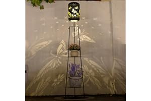 giole Outdoor Floor Lamp with Plant Stand, Butterfly Hollow Pattern Solar Floor Lamp Waterproof Outdoor Lantern Decor for Patio Porch, Yard (50 Inch Tall)