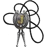 Moranse Bolo Tie Golden Initial Letter A to Z In Western Cowboy Horseshoe Style with Cowhide Rope Necktie