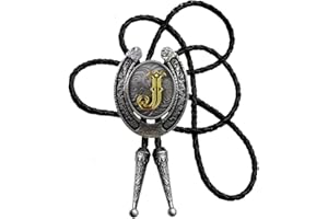 Moranse Bolo Tie Golden Initial Letter A to Z In Western Cowboy Horseshoe Style with Cowhide Rope Necktie