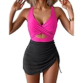 B2prity Women Mesh One Piece Swimdress Swimsuit Tummy Control V Neck Cutout Bathing Suit Wrap Drawstring Sarong Swimwear