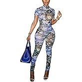 ksotutm Sexy Jumpsuits for Women Mesh Print Short Sleeve Bodycon Jumpsuit