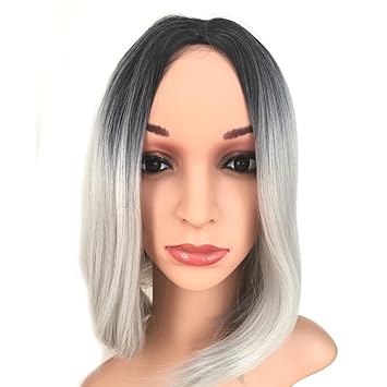 Amazon Com Silver Ombre Bob Wig Black Roots Short Straight Bob