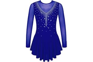 TSSOE Girls Long Sleeves Sequins Mesh Patchwork Gymnastics Ballet Dance Dress Figure Ice Skating Dress