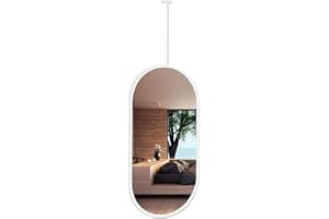 White Metal Frame Oval Wall Mirror, Modern Nordic Suspended Bathroom Mirror with Ceiling Mount, Vertical HD Decor Mirror for 