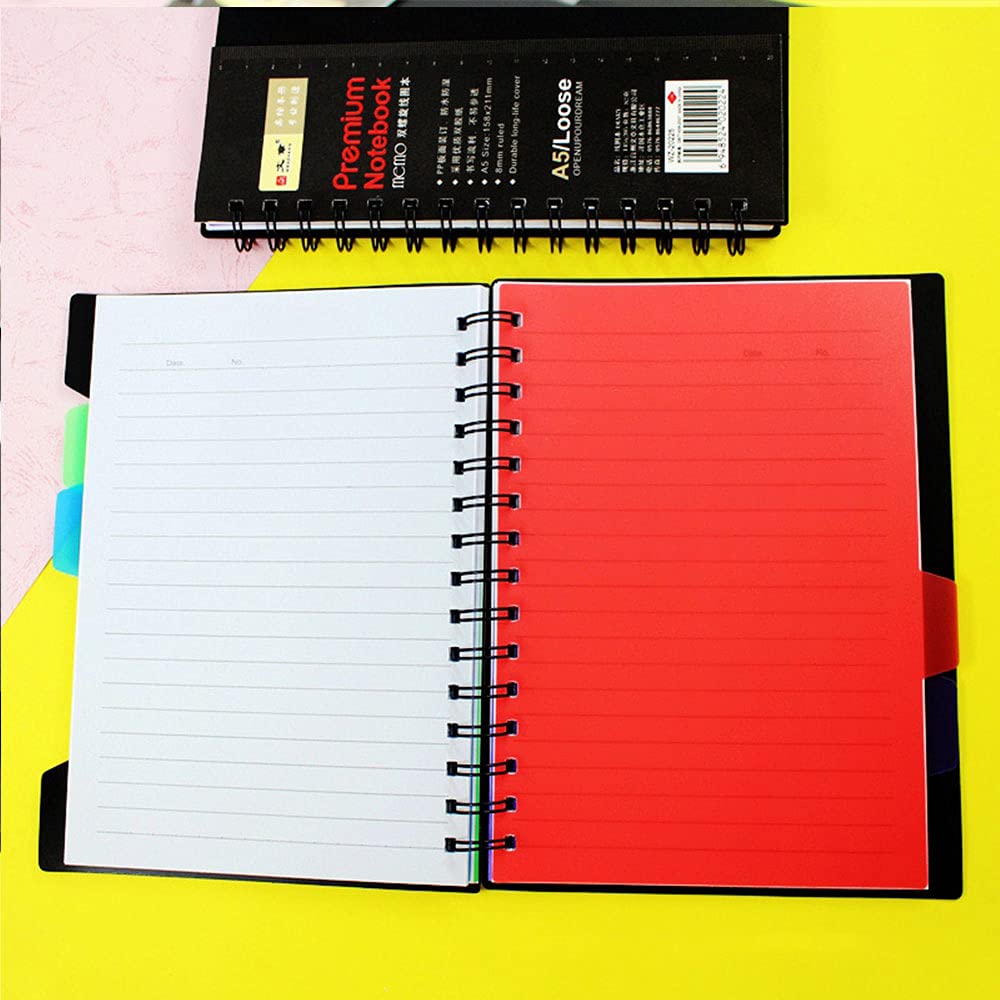 SEIWEI Loose-leaf Notebook Covered Black Spiral Note Book PP Project Subject Notebook with Dividers Index Tabs Large Double Coil Design 25.5cmx18cm