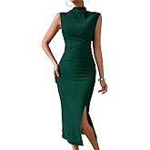 MITILLY Women Summer Formal Wedding Guest Dress Elegant High Neck Sleeveless Ruched Bodycon Midi Dress with Side Slit
