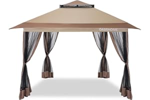 OASISHOME Pop-up Gazebo Portable Instant Canopy Tent 12x12, One-Push Locking System, with 4 Mesh Sidewall, Wheeled Bag, for Patio/Backyard/Outdoor/Parties/Events (Khaki)