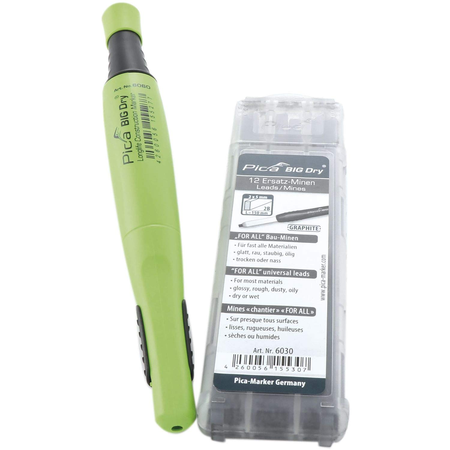 Pica Big Dry 1x Marker + 12 Refills 6030 for All Construction mined Graphite., 6060+6030