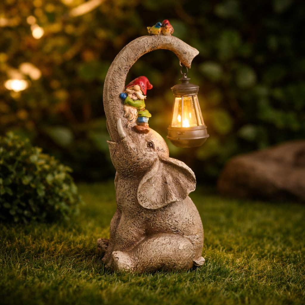 Garden Mile Solar Elephant Garden Ornament with Hanging Lantern Light 28cm Resin Elephant Statue Outdoor Solar LED Garden Decoration Weatherproof Patio Lawn Decorative Animal Light Garden Gift