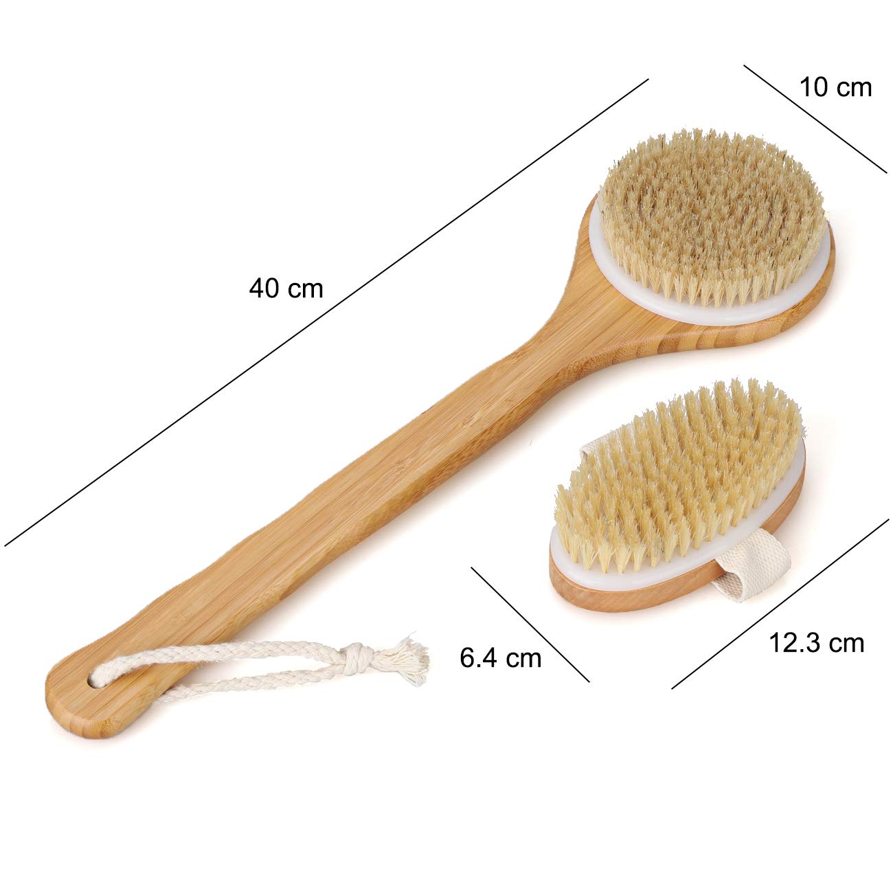 Premium Dry Bath Body Brush Set, Natural Boar Bristle Body Back Brush (Long Handle) & Bath Shower Brush, Perfect for Massage and Exfoliating, Promote Blood Circulation, Good for Health and Beauty
