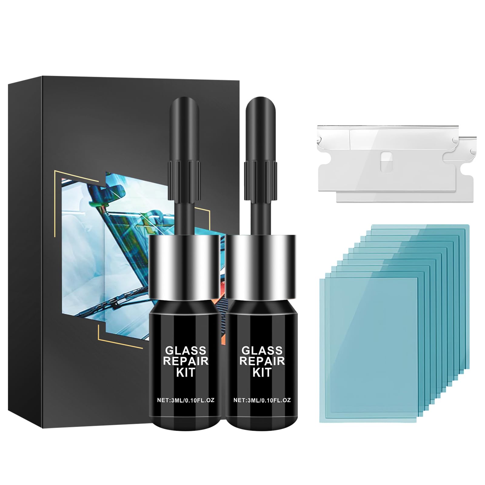 Photo 1 of Windshield Repair kit,Windshield Crack Repair Kit 2 Bottles Car Glass Repair Kit Windshield Chip Repair Kit Cracks Gone Glass Repair Fluid Quick Fix for Chips,Cracks,Bulls-Eye,Star-Shape Cack (Black)