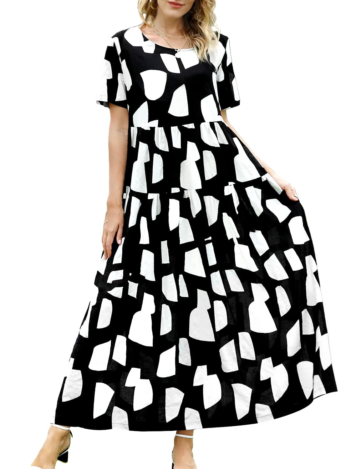 Photo 1 of YESNO Women Casual Loose Bohemian Floral Dress with Pockets Short Sleeve Long Maxi Summer Beach Swing Dress L EJF CR162 Black/White