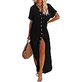 Breezy Lane Long Button Down Beach Cover Up for Women Short Sleeve Swimsuit Coverup Bathing Suit Cover Ups