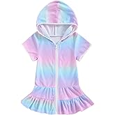 Mokoggiri Girls Gradient Color Swim Cover Up One Piece Swimsuit Tie Dye Zip Short Sleeve Ruffle Hooded Terry Coverup Swimwear