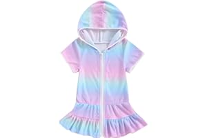 Mokoggiri Girls Gradient Color Swim Cover Up One Piece Swimsuit Tie Dye Zip Short Sleeve Ruffle Hooded Terry Coverup Swimwear