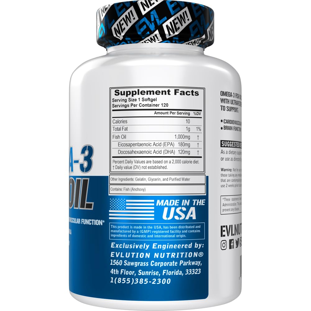 Evlution Nutrition Triple Strength Omega 3 Fish Oil - Burpless Fish Oil EPA DHA Omega 3 Supplement in Easy to Swallow Citrus Flavor Softgels - Enteric Coated Fish Oil Supplement - 120 Count