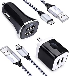 2.4A Dual Port USB Car Charger + 2.1A Dual Port Wall Charger Block Brick + 2Pack Micro USB Cable Charging Cord Phone Charger Compatible Samsung Galaxy S6 S7 Edge J3 J7 A6, LG Stylo 2/3, G3 G4 K20 K30