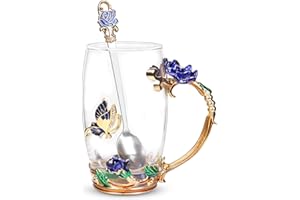 BEFERR Mothers Day Tea Cups Gifts for Mom Birthday Gifts for Women Butterfly Glass Cup with Spoon Set Mothers Day Mom Gifts from Daughter Son Rose Coffee Mug Mothers Day Wife Grandma Gifts for Her Blue