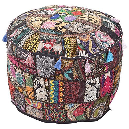 Indian Living Room Pouf, Foot Stool, Round Ottoman Cover Pouf,Traditional Handmade Decorative Patchwork Ottoman Cover Black Colour,Indian Home Decor Cotton Cushion Ottoman Cover 13x18''By MyCrafts