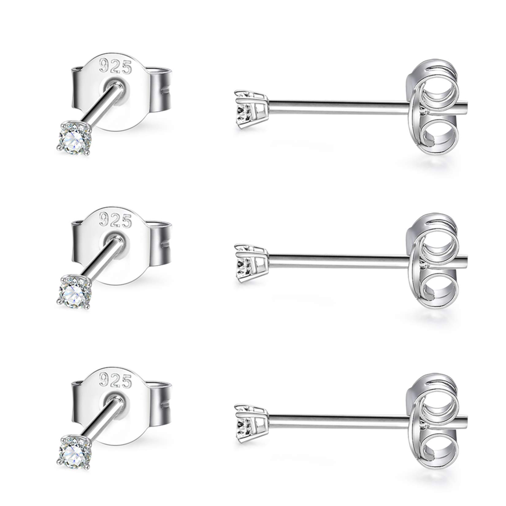 CERSLIMO Silver Stud Earrings for Women Men Girls, 3 Pairs Sterling Silver Tiny Cubic Zirconia Stud Earrings Small Dainty Cartilage Tragus Sleeper Earrings Set (2mm, Silver)