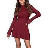 Saodimallsu Womens A Line Mini Sweater Dress Long Sleeve Bodycon Ribbed Knit Mock Neck Fall Short Dresses