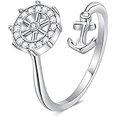 EUSJ 925 Sterling Silver Nautical Anchor Ring for Women Adjustable White Sapphire Open Ring with Blue Gemstone Ring Ocean Sea Minimalist Theme Jewelry