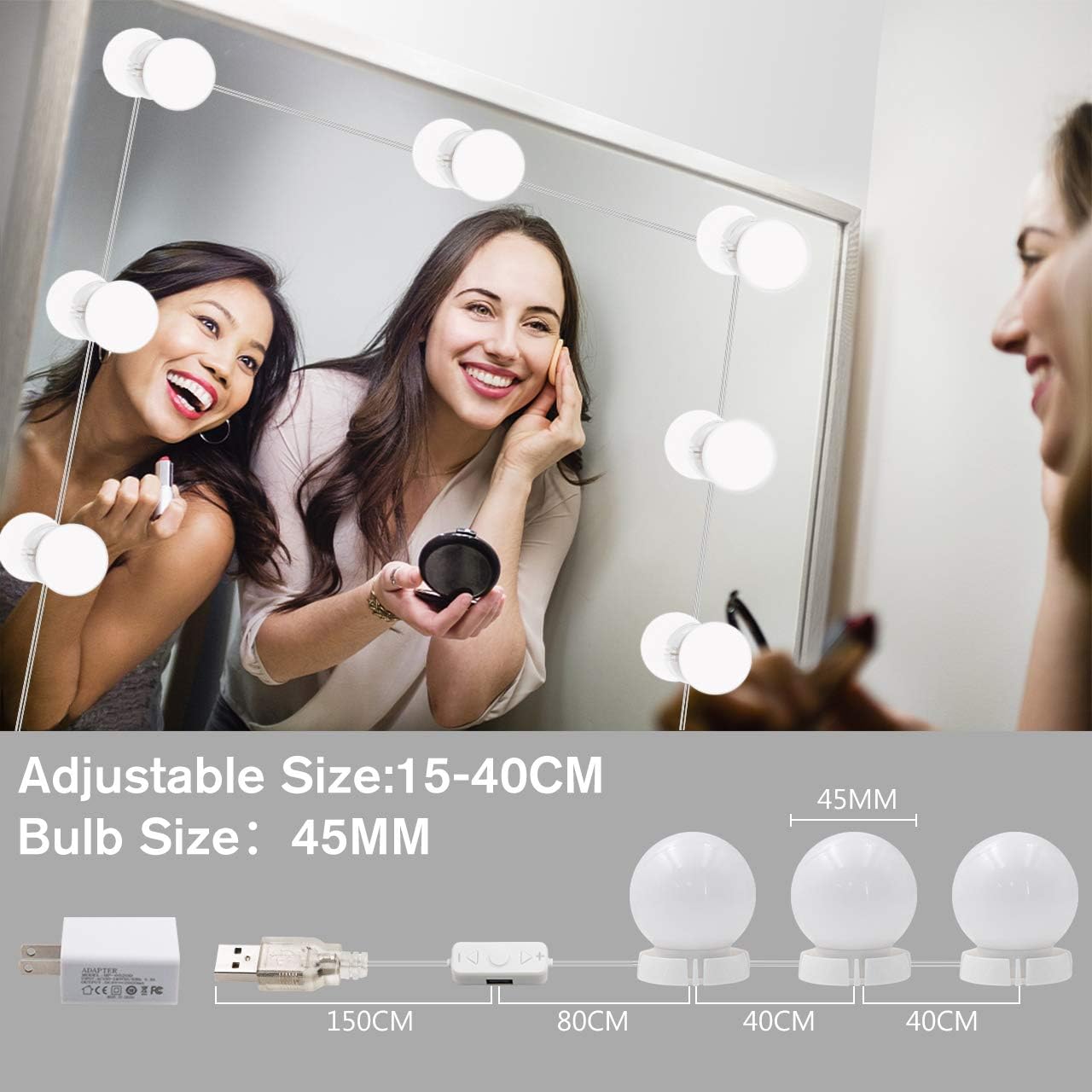 Vanity Mirror Lights Kit, LED Lights for Mirror with Dimmer and USB Phone Charger, LED Makeup Mirror Lights Kit Hollywood Style Lighting Fixture Strip 6500k for Bathroom Dressing Room Vanity Table - - 
