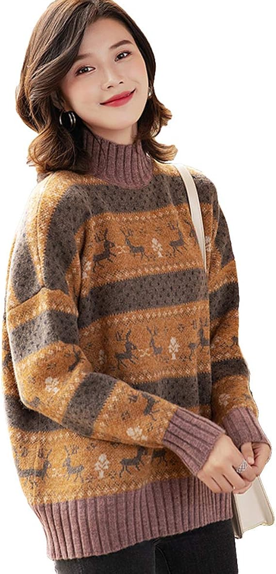 Amazon Zuomaセーター レディース ニットセーター 長袖 ジャガードニット 大きいサイズ ゆったり ブラウスニット ボーダー柄 切り替え 動物柄 カットソー ハーフネック 黄色 ワンサイズ セーター 通販