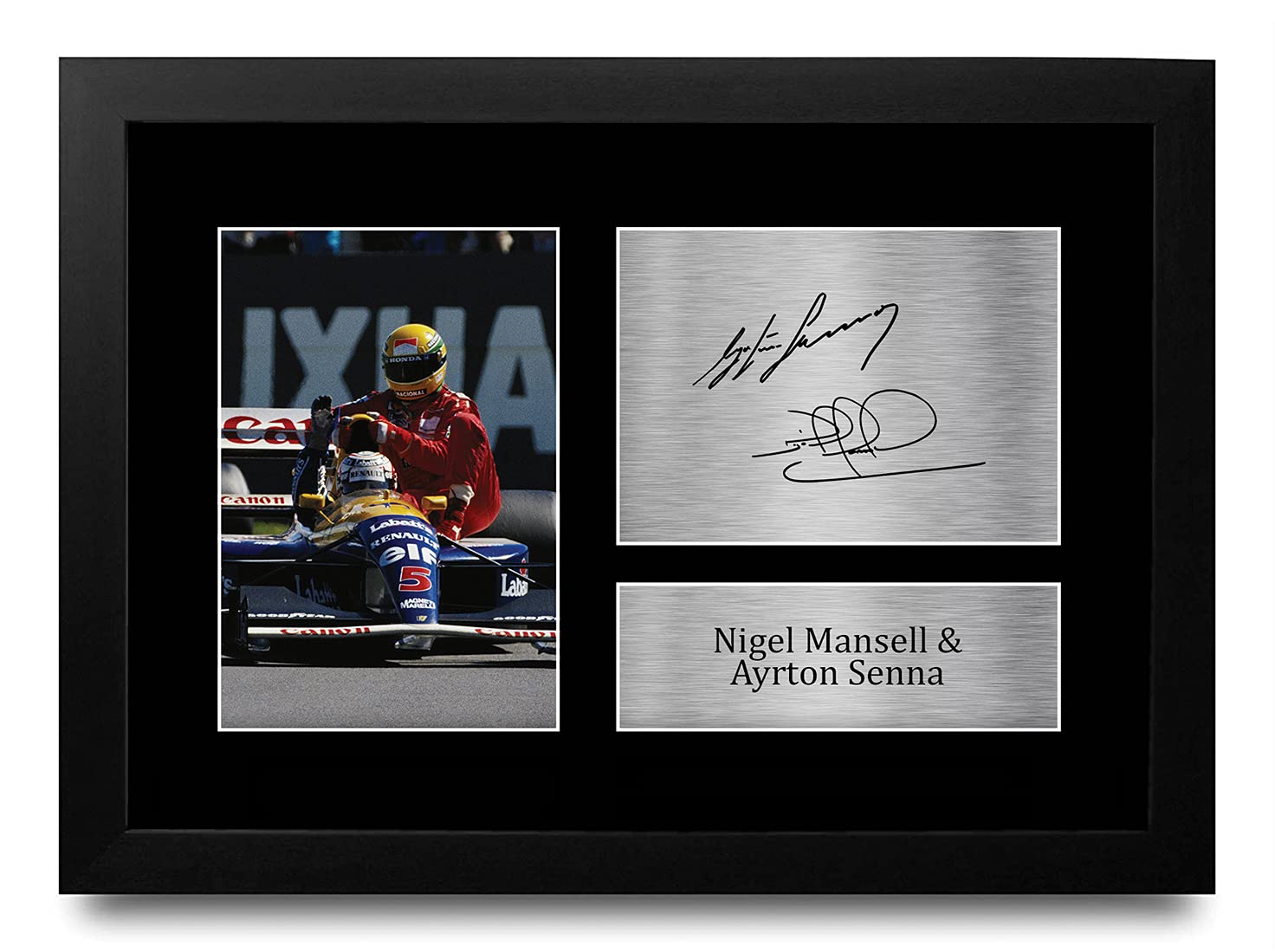 HWC Trading FR A4 Nigel Mansell & Ayrton Senna Formula 1 Gifts Printed Signed Autograph Picture for F1 Formula 1 Racing Fans - A4 Framed