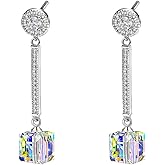 Cube Austrian Crystal Drop Long Dangle Earrings for Women 925 Sterling Silver Post Hypoallergenic Jewelry