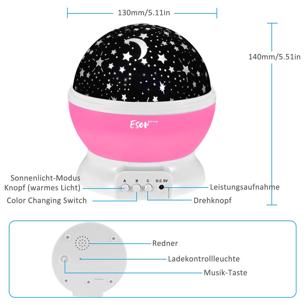 Esonstyle Wiederaufladbare 360 Grad Drehende Nachtlicht Projektor Baby Musical Mond und Himmel Licht mit 12Licht Musik für Baby Zimmer, Schlafzimmer, Kinderzimmer, Halloween, Weihnachten(Rosa)