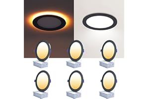 CycevSun 6 Pack Black Recessed Lights 6 Inch with Night Light, Canless Ultra Thin Wafer Downlight Indoor Outdoor Exterior Soffit, Dimmable & 5 Color Selectable, 12W, ETL Listed